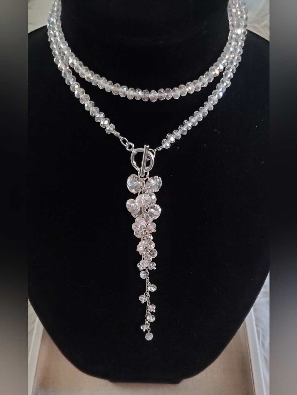 Long Clear Beaded Crystal Look Pendant Necklace Silver Tone Statement NWOT